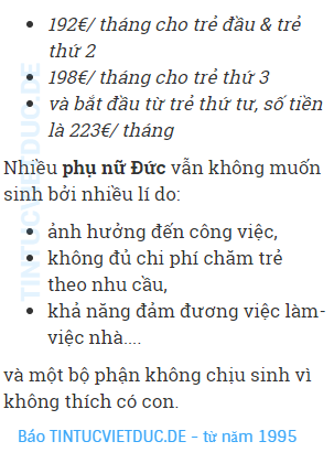 Nhiều phụ nữ Đức vẫn không muốn sinh bởi nhiều lí do: