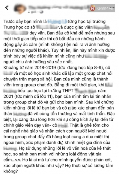 Sốc: Xôn xao nữ sinh Hà Nội bị cô giáo Văn lập group nói xấu, chê béo, ngực như bát ô tô