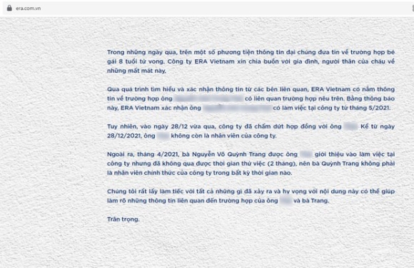 2 Cong Ty Era Thong Bao Cham Dut Hop Dong Voi Cha Ruot Be Gai Bi Bao Hanh Di Ghe Tung Duoc Gioi Thieu Vao Lam Nhung Khong Qua 2 Thang Thu Viec