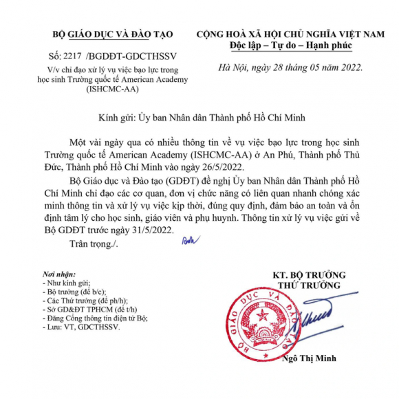 1 Bo Giao Duc Chi Dao Xu Ly Vu Bao Luc Hoc Duong Tai Truong Quoc Te O Tphcm