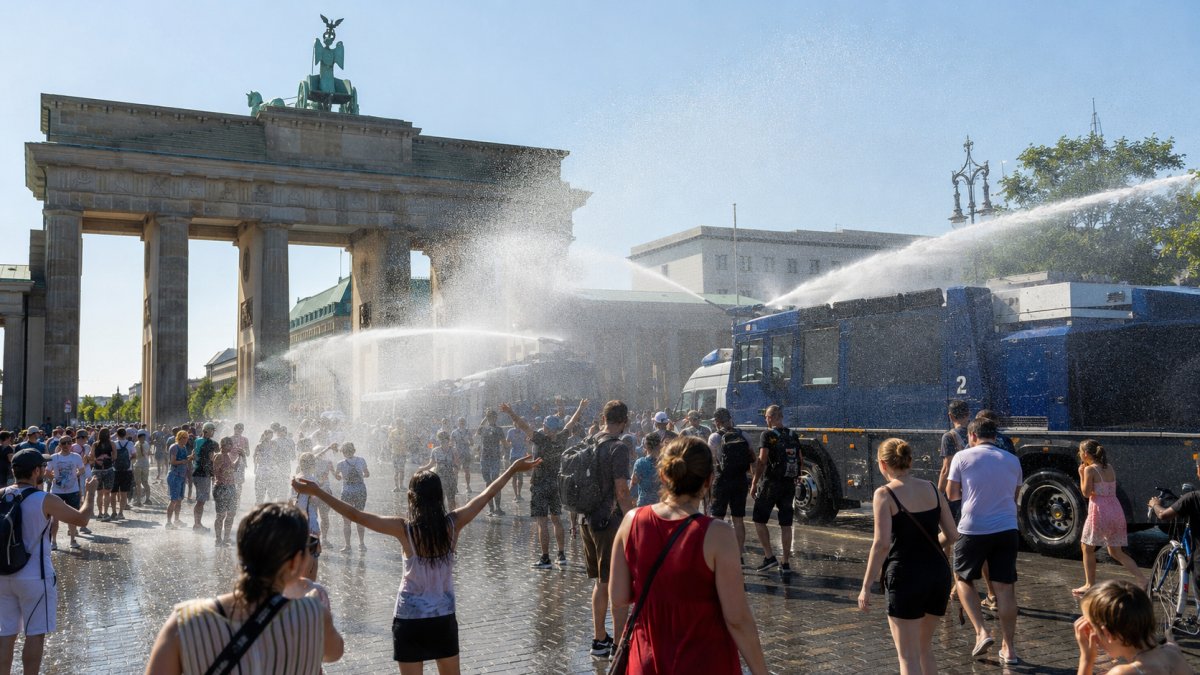 1 Canh Sat Berlin Dung Xe Phun Nuoc Giai Nhiet Giua Nang Nong Ky Luc