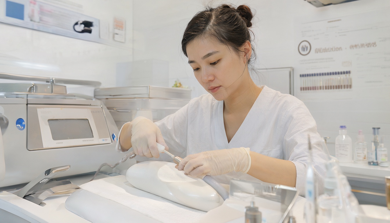Thợ làm móng thực hiện quy trình vô trùng dụng cụ kim loại trong tiệm Nails tại Đức