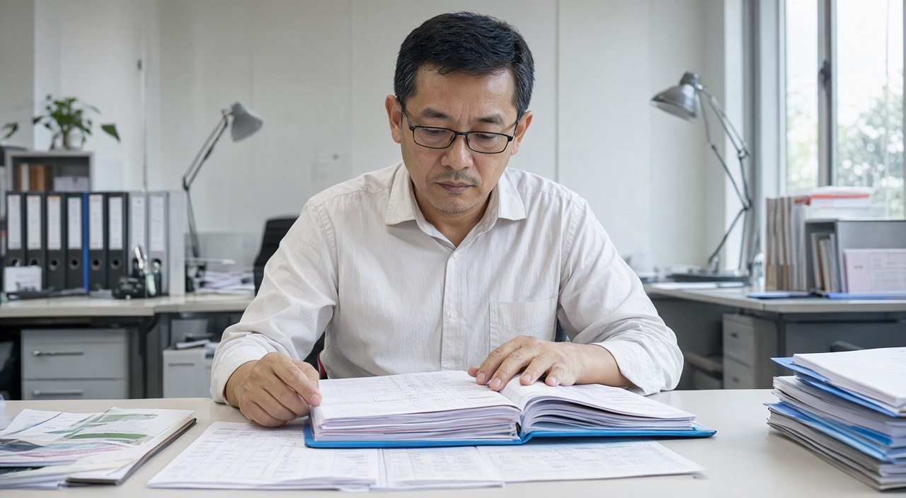 Chủ doanh nghiệp người Việt tại Đức đang xem xét hồ sơ kế toán chuẩn bị cho kiểm toán thuế Betriebsprüfung