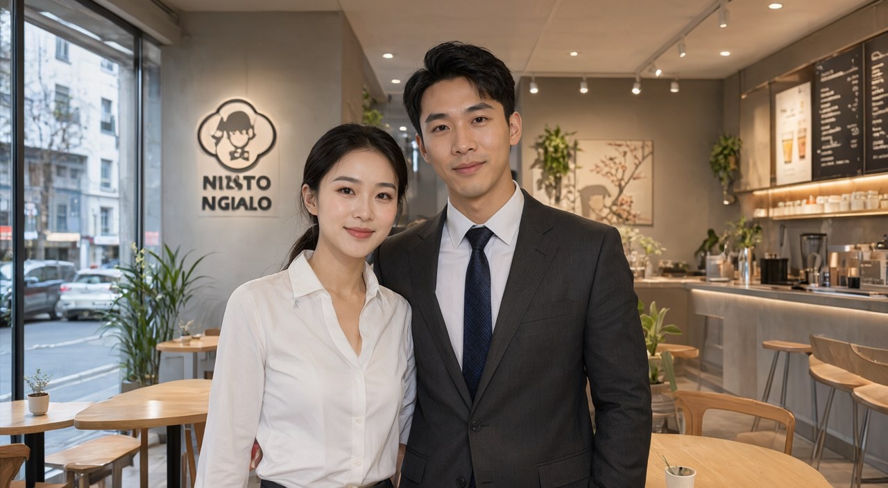 Chủ kinh doanh người Việt tại Đức đứng trước cửa hàng F&B nhượng quyền thương mại mới khai trương